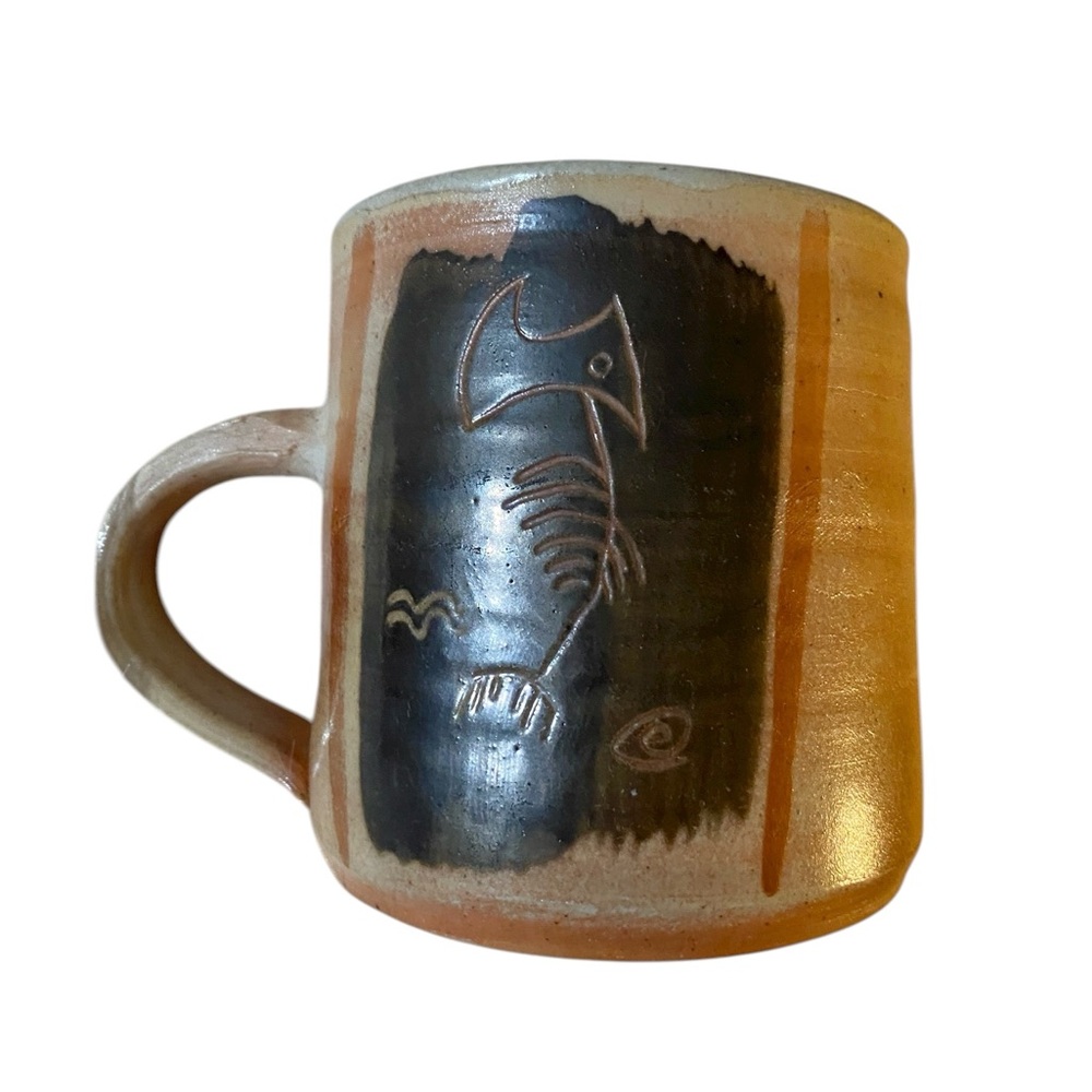 Vintage MCM Pottery Coffee Mug Fish Skeleton Bones Motif Bird Pelican